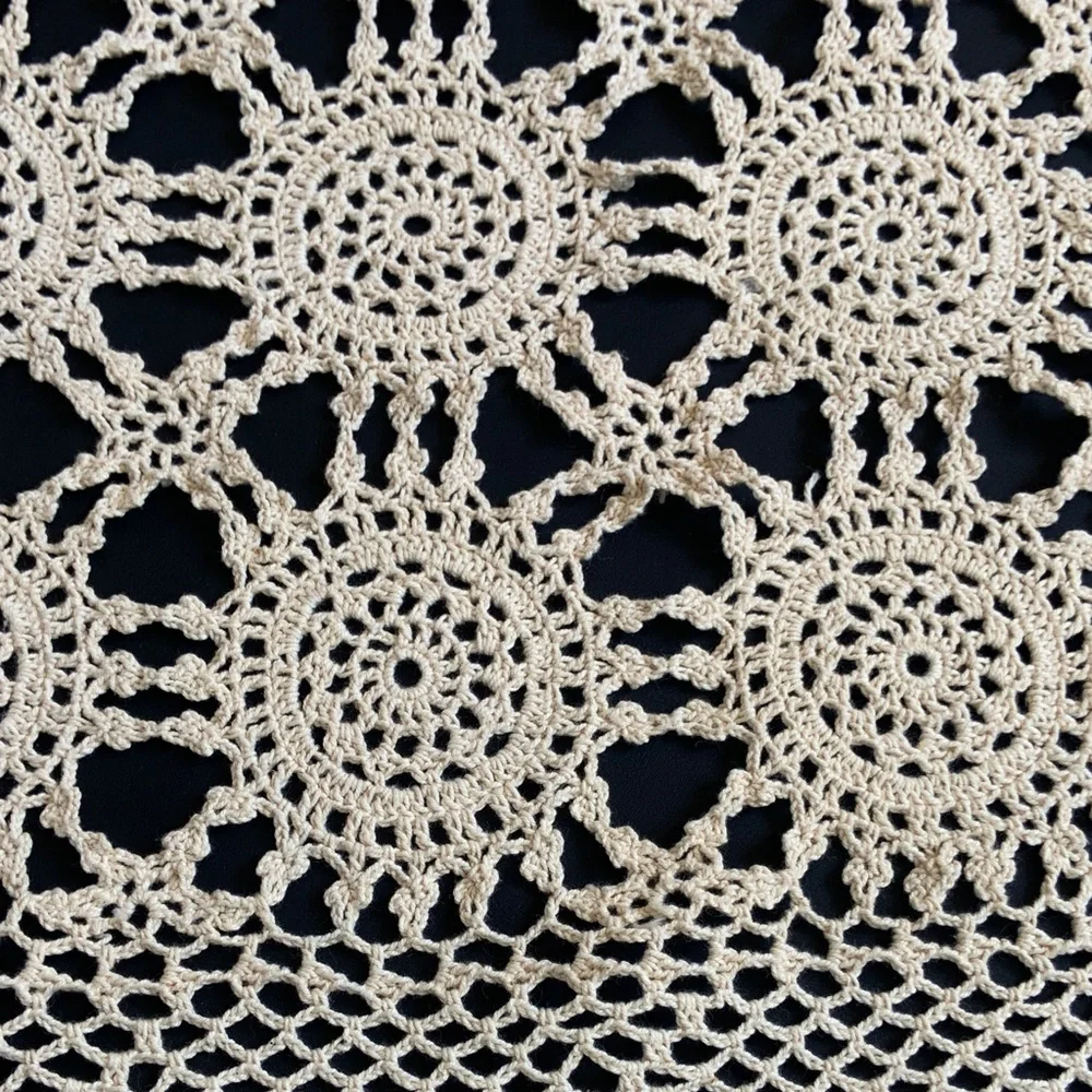 Cream Crochet Lace Table Topper 41.5” Square Cottagecore Farmhouse